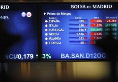 En la imagen, pantalla con la evolución de la prima de riesgo española ayer en la Bolsa de Madrid.