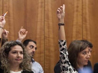 Pepa Ferrando y M&oacute;nica Lorente durante un pleno municipal en Orihuela.