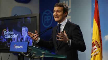 Rueda de prensa de Pablo Casado en la sede del PP en Génova
