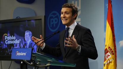 Rueda de prensa de Pablo Casado en la sede del PP en Génova 