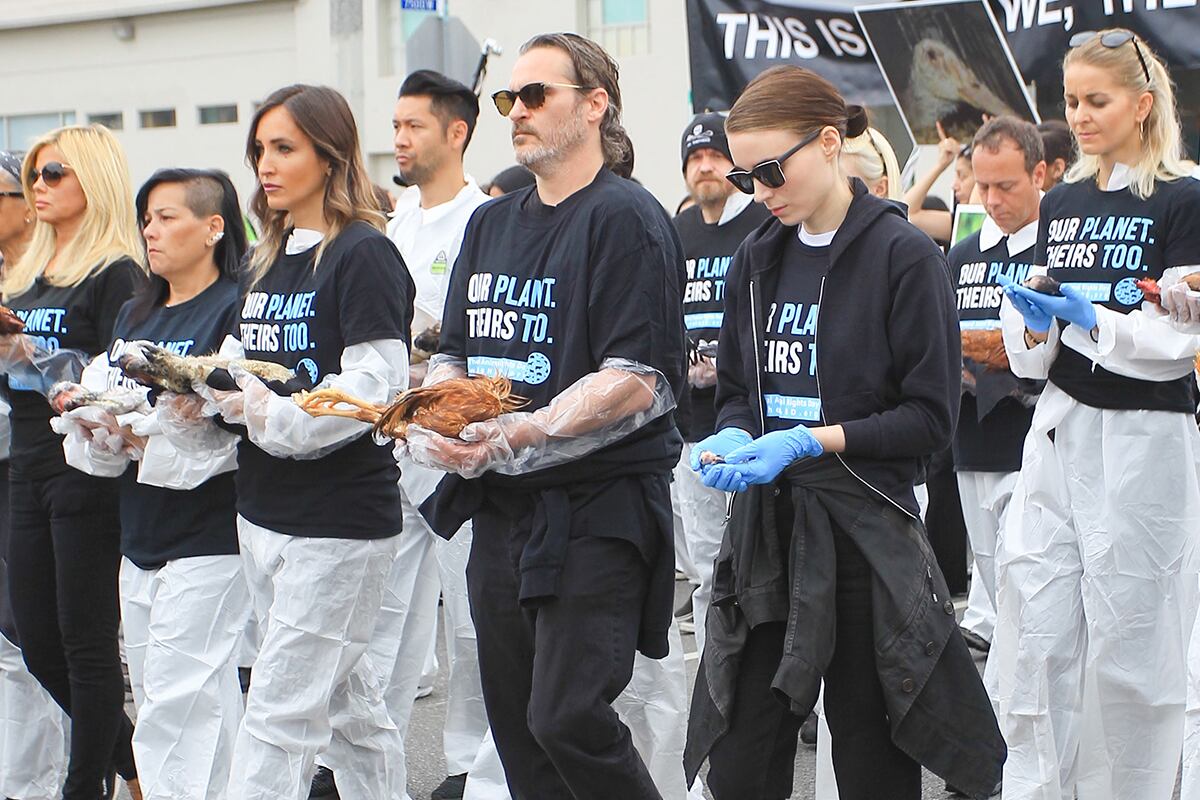 Joaquin Phoenix y Rooney Mara encabezan una manifestación en favor de los derechos de los animales el pasado junio en Los Ángeles.