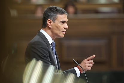 El presidente del Gobierno, Pedro Sánchez, durante su intervención en el Congreso.