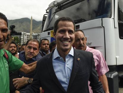 Juan Guaidó em uma manifestação de caminhoneiros nesta quinta-feira.