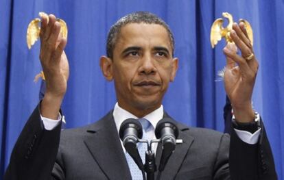 El presidente de EE UU, Barack Obama, durante su discurso en la Facultad de Diplomacia de la Universidad Americana, en Washington.