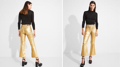 Pantalón campana dorado para mujer de El Corte Inglés, efecto metálico y brillante, diseño con bolsillos frontales.