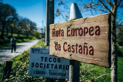 Letrero en A Gudiña de la Ruta Europea da Castaña.