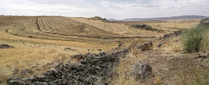 Lugar donde se encontraba uno de los campamentos romanos de Pedrosillo. En primer plano el muro defensivo.