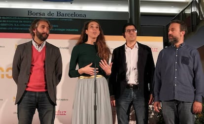 Los fundadores de Holaluz, este viernes en la Bolsa de Barcelona.