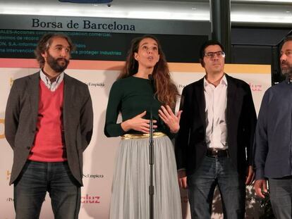 Los fundadores de Holaluz, este viernes en la Bolsa de Barcelona.