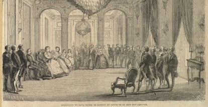 Abdicaci&oacute;n de la reina Isabel II desterrada en Par&iacute;s en favor de su hijo Alfonso XII el 25 de junio de 1870 seg&uacute;n un grabado publicado en la revista &quot;La Ilustraci&oacute;n Espa&ntilde;ola y Americana&quot;.