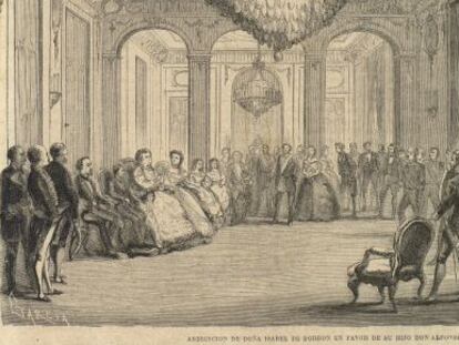 Abdicaci&oacute;n de la reina Isabel II desterrada en Par&iacute;s en favor de su hijo Alfonso XII el 25 de junio de 1870 seg&uacute;n un grabado publicado en la revista &quot;La Ilustraci&oacute;n Espa&ntilde;ola y Americana&quot;.