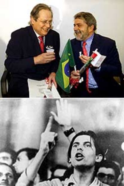 Arriba, José Dirceo (izquierda) charla con Lula. Abajo, en una imagen de los años sesenta durante una protesta política. PLANAO MEDIO - ESCENA