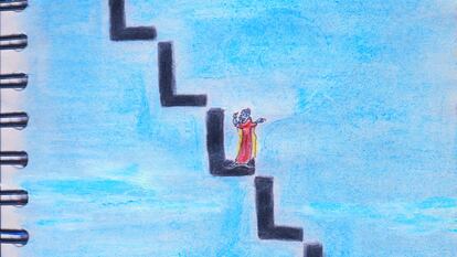 Dibuix que representa Ramon Llull pujant, o baixant, per l'escala dels éssers, i situada a la costa de Xipre.