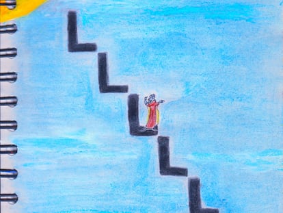 Dibuix que representa Ramon Llull pujant, o baixant, per l'escala dels éssers, i situada a la costa de Xipre.