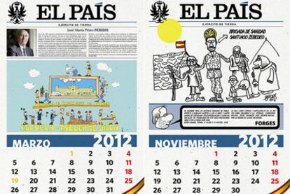 Dos de las páginas del calendario del Ejército de Tierra para 2012: a la izquierda la de marzo, dibujada por Peridis, y a la derecha la del mes de noviembre, de Forges.