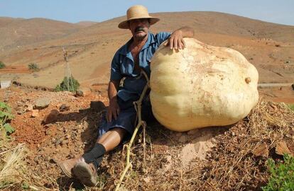 Francisco Estupiñán posa junto a la calabaza que ha cultivado en sus tierras.