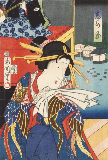 'La cortesana Shiratama', papel femenino de Kabuki interpretado por Bando Mitsugoro VI. Obra realizada en 1867 por Toyohara Kunichika, grabador de la escuela Utagawa.