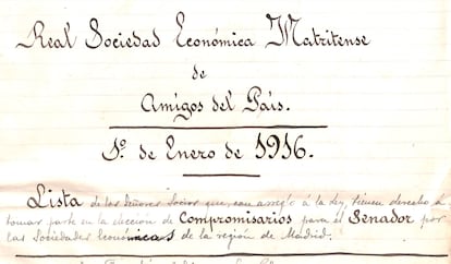 Lista de socios de la Matritense con derecho a voto en 1916, en la que aparece Emilia Pardo Bazán.