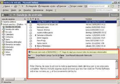El virus informático <i>Bugbear.B</i> se activa a través de la vista previa del programa de correo electrónico Microsoft Outlook. La vista previa aparece por defecto en la parte inferior del programa de correo y sirve para ver el texto del mensaje seleccionado en la bandeja de entrada (arriba).