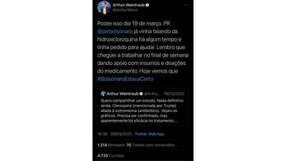 Reprodução de postagem do ex-assessor presidencial Arthur Weintraub na sua conta no Twitter.