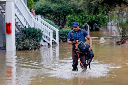 El reportero de televisión Ryan Young ayuda a una residente de Peachtree Park Apartments con su perro después de que las aguas inundaran el complejo habitacional tras la tormenta tropical Helene en (Atlanta).