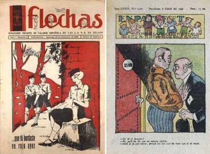 A la izquierda, portada de <i>Flechas</i> (1936), semanario de la Falange. Arriba, portada de<i> En Patufet</i> en 1937.