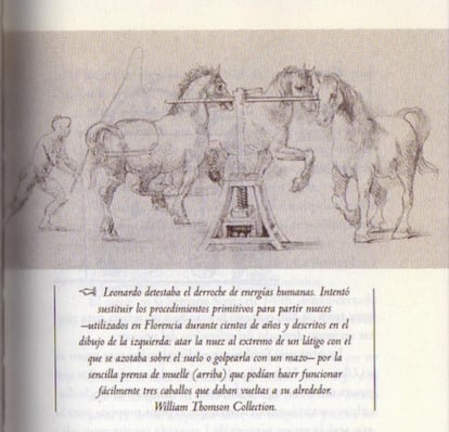 Ilustración del supuesto invento de Leonardo da Vinci para partir nueces usando únicamente tres caballos