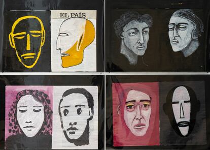 Ocho retratos de la muestra 'Ágora de los mil rostros', de Juan Martínez, en la sala del Rectorado de Málaga.
