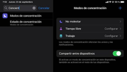 Configura el modo concentración.