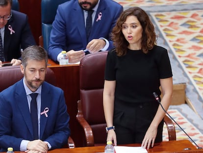 La president de Madrid, Isabel Díaz Ayuso, durante su intervención este jueves en el pleno de la Asamblea. Los diputados de su grupo portan un lazo rosa por el Día contra el Cáncer de Mama.