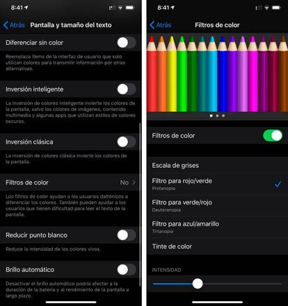 Accesibilidad IOS para adaptar colores en el teléfono.