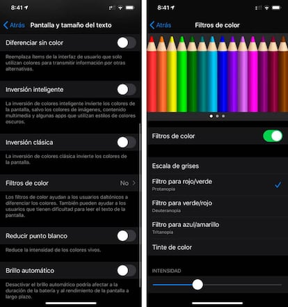 Accesibilidad IOS para adaptar colores en el teléfono.