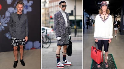 Tres hombres con bermudas de Tommy Hilfiger (izquierda y derecha) y Gucci (centro).