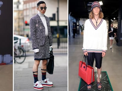 Tres hombres con bermudas de Tommy Hilfiger (izquierda y derecha) y Gucci (centro).