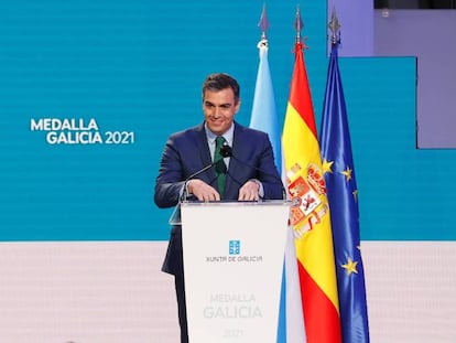 El Presidente del Gobierno, Pedro Sánchez, durante la ceremonia de entrega de la Medalla de Galicia.