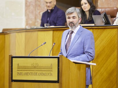 El alcalde de Coria del Río (Sevilla), Modesto González, durante su defensa en el Parlamento andaluz de la de la iniciativa legislativa popular para la paralización de la instalación de megaparques solares.