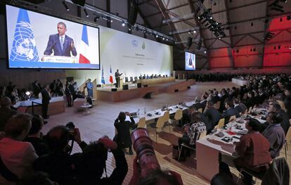 El presidente de Estados Unidos, Barack Obama, durante su discurso en la cumbre del clima de París.