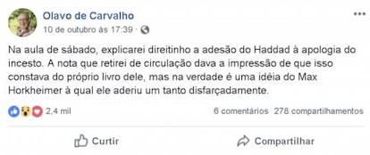 Publicação no perfil do ideólogo ultradireitista Olavo de Carvalho.