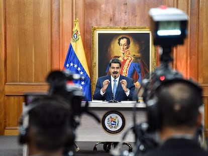 Nicolás Maduro habla en conferencia de prensa, el 14 de febrero en el Palacio de Miraflores, Caracas.