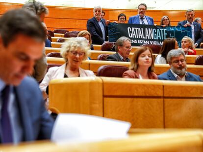 Senadores de Junts per Catalunya desplegaban ayer una pancarta contra el espionaje al independentismo ante Pedro Sánchez.