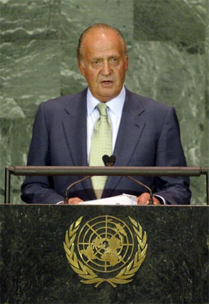 El rey Juan Carlos, durante su intervención ayer en la ONU.