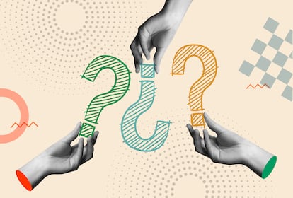 Question marks and human hands in retro collage vector illustration