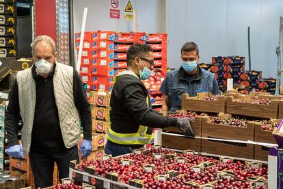 Unos vendedores de Mercamadrid mueven cajas de cerezasa.