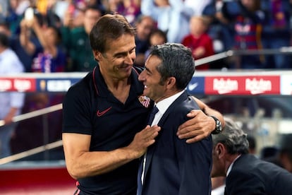 Lopetegui y Valverde se saludan antes del encuentro en el Camp Nou.