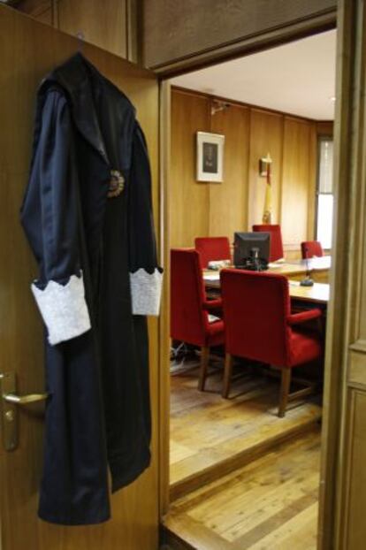 A judge's robes hang on a courtroom door during a previous strike in 2009.