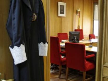 A judge's robes hang on a courtroom door during a previous strike in 2009.