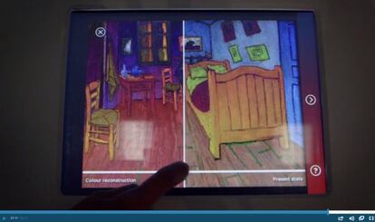 Simulació digital amb els colors originals d''Habitació a Arle' (1888), a l'esquerra, i estat actual de l'oli de Van Gogh.