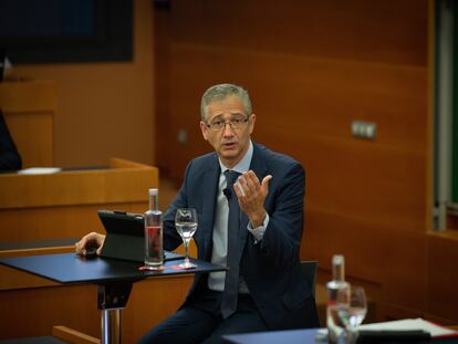 El gobernador del Banco de España, Pablo Hernández de Cos, durante una conferencia el pasado mes de septiembre en Barcelona.