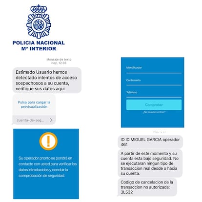 Imagen difundida por la Policía de mensajes enviados por los ciberdelincuentes para cometer el nuevo fraude bancario.