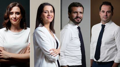 Desde la izquierda, Isabel Díaz-Ayuso (PP), Inés Arrimadas (Cs), Pablo Casado (PP) e Ignacio Aguado (Cs).